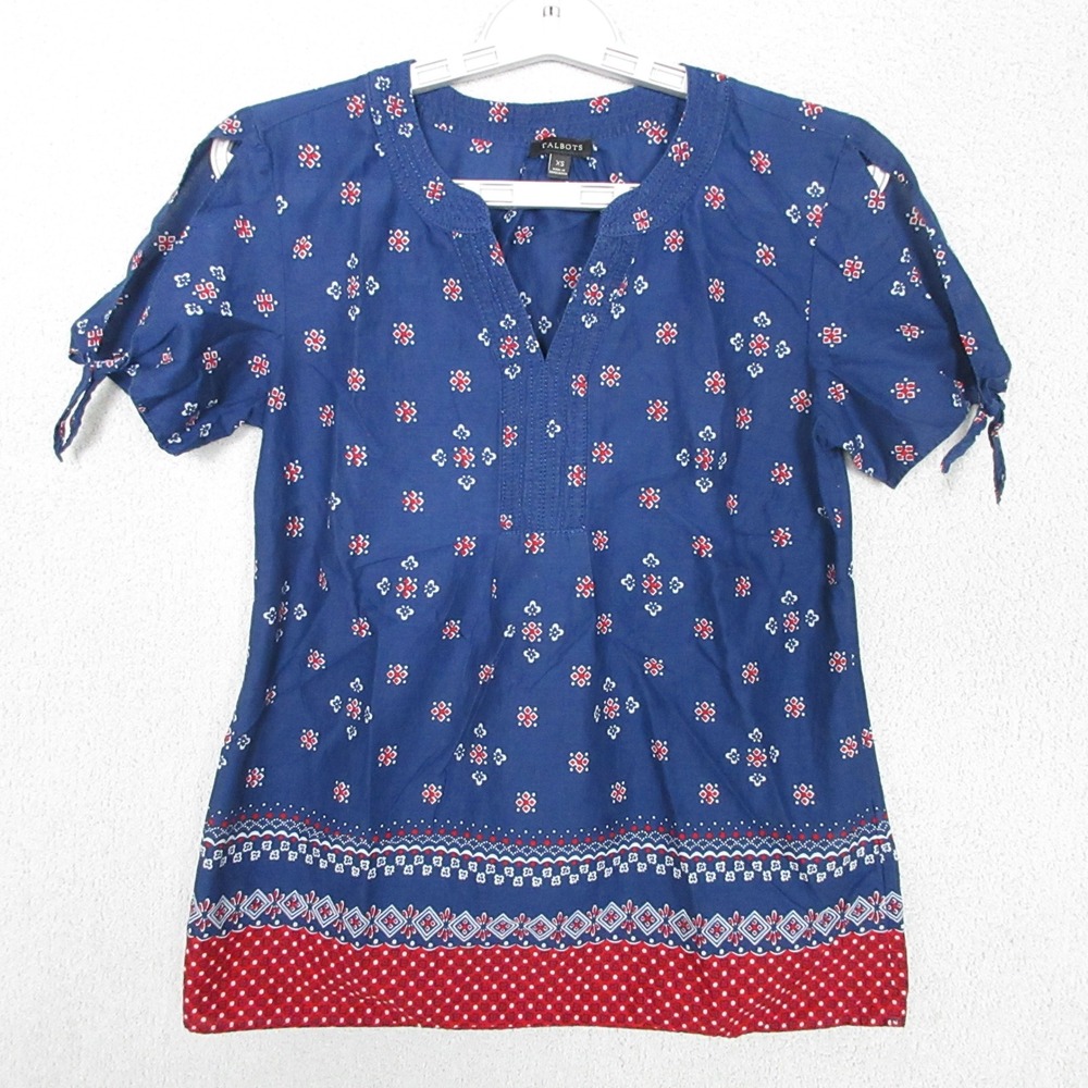 Talbots Womens Tunic Blouse V Neck Short Sleeve Blue Floral Shoulder Tie XS